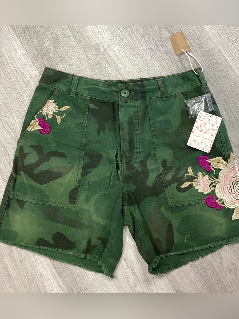 Free People Camo Embroidered Utility Shorts NWT Size 6 Floral Distressed